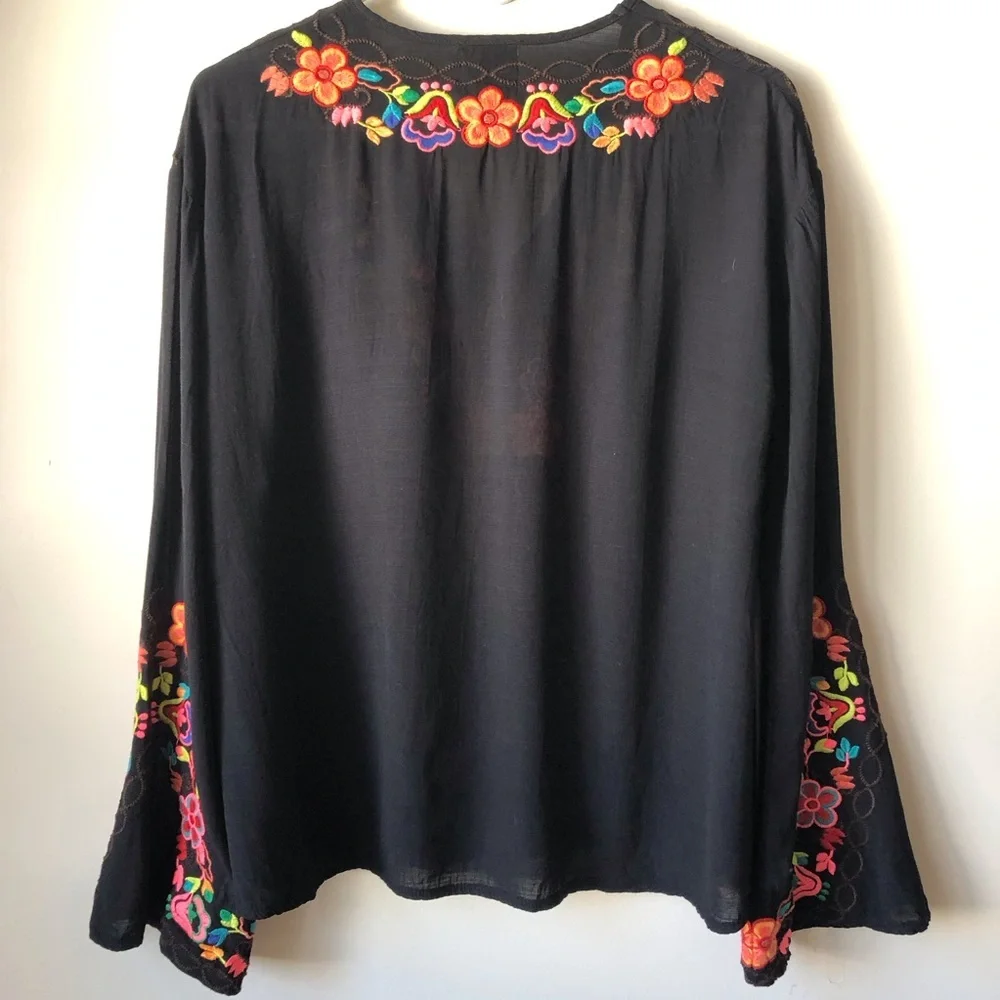 Misa boho embroidered top flared sleeve tassels lightweight vibrant floral. - Picture 6 of 9